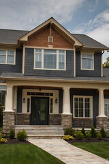 Luxury Modern Home Exterior: Stone Facade, Grand Porch, and Landscaped Entrance