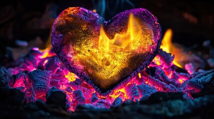 A dynamic heart-shaped fire burning in vibrant pink, purple, yellow, and golden tones, illuminated against a dark background, with lifelike flame textures and glowing embers enhancing the realism.