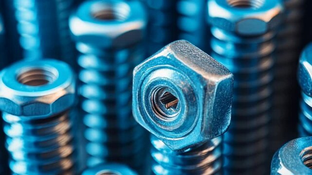 Close up view of numerous blue toned nuts and bolts arranged in a dense pattern, with a single nut in sharp focus at the center