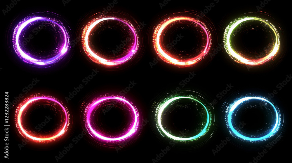 Poster neon glowing circle frame with glitch effect on black background. realistic vector illustration set 