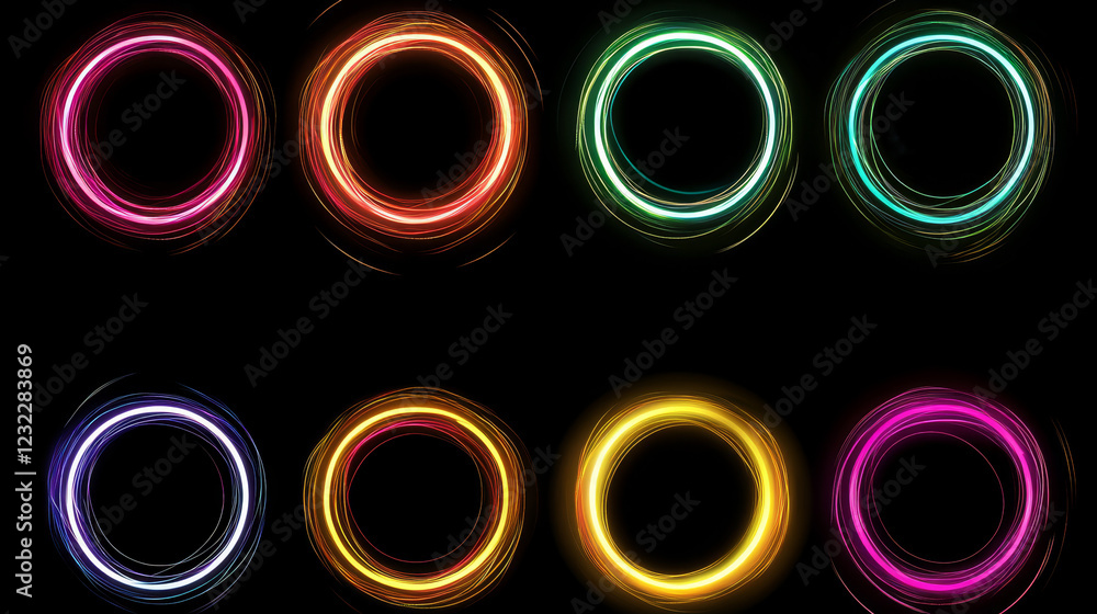 Poster neon glowing circle frame with glitch effect on black background. realistic vector illustration set 