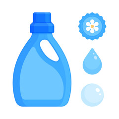 Set of blue soap and fabric softener bottle with water drop, bubble, flower icons. Laundry, cleaning, and hygiene product concept. Flat vector illustration isolated on white background with copy space