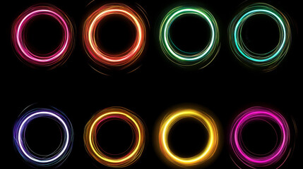 Neon glowing circle frame with glitch effect on black background. Realistic vector illustration set of ring border with tv digital light bug. Round luminous shape with video lag and noise texture.