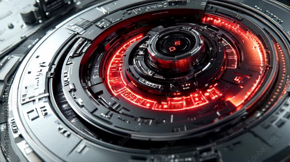 Poster close up view of a metallic, circular mechanism with red glowing lights. the intricate details and t