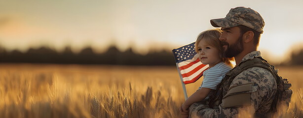A soldier holding a child in his arms holds an American flag against a field with a view of the horizon and sunset. Patriotic banner, American Independence Day, Memorial Day.