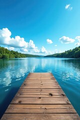 Obraz premium Elevated wooden dock overlooking lake, vibrant blue sky dotted with clouds , natural, outdoor