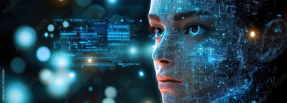 Poster futuristic cybernetic human face in high-tech environment with neon lights and circuit patterns