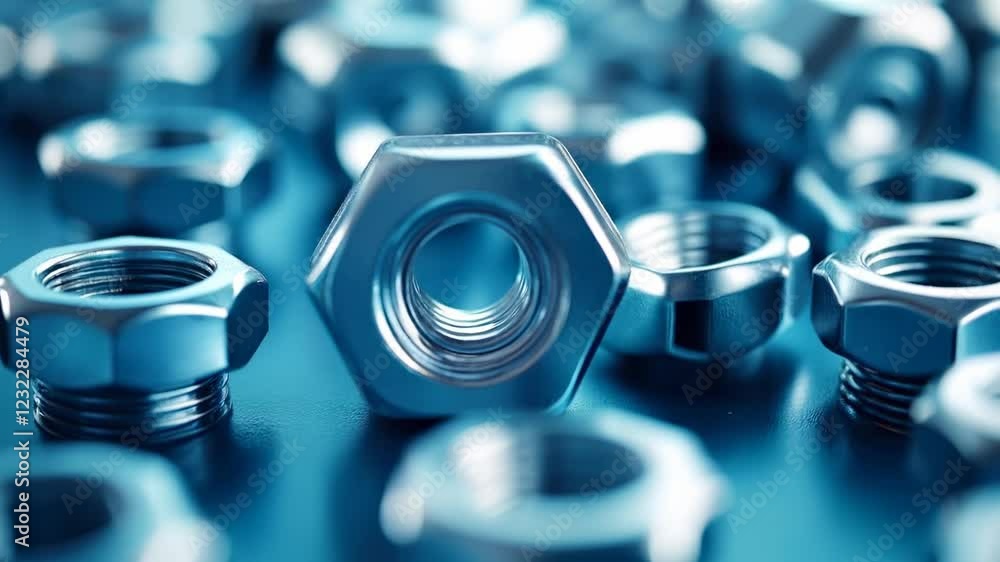 Poster close up view of numerous metallic nuts scattered on a reflective blue surface. one nut is in focus,