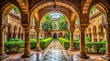 Obraz premium Grand archways and intricate stonework lining a serene courtyard with lush greenery surrounding ancient architecture , architecture, grand archways