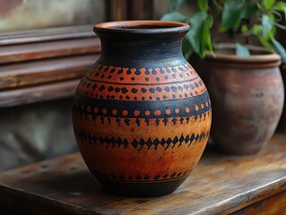Handmade terracotta vase with black patterns on a wooden shelf, against blurred background