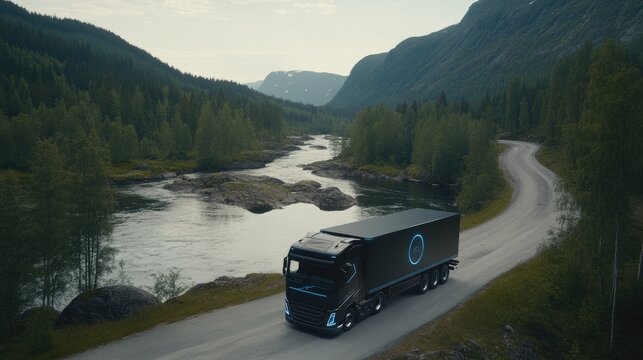 Modern truck drives on a road over a river, highlighted by blue digital elements and framed by a vibrant green forest backdrop