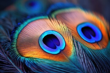 Fototapeta premium Regal peacock feathers with iridescent colors, creating a stunning display of natural beauty and elegance.