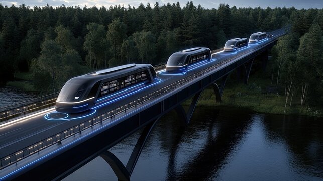 Modern truck drives on a road over a river, highlighted by blue digital elements and framed by a vibrant green forest backdrop