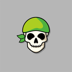 Cartoon skull character in green bandana. Cool skull with expression smile. Sticker collection can be use as logo, symbol, icon.