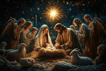 Nativity Scene in Bethlehem with Virgin Mary Joseph Baby Jesus Angels Shepherds Christmas Illustration