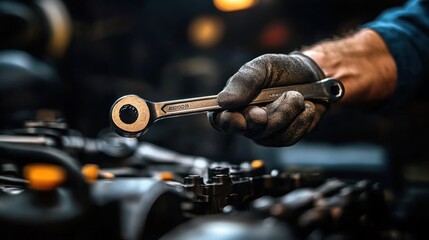 Mechanic Hand Using Ratchet Wrench in Garage Repair Service
