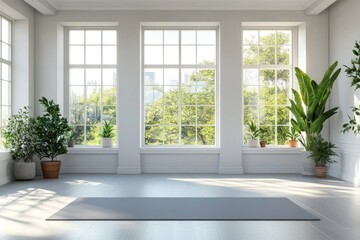 Sunlit room with yoga mat, plants, and large windows.