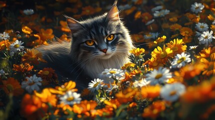 Majestic cat amidst vibrant flowers, garden setting, sunlit scene, ideal for pet product ads