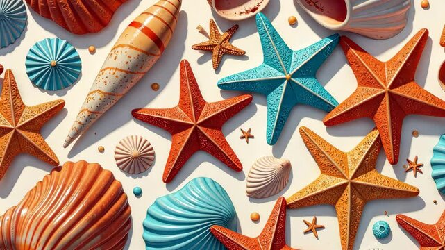 A collection of colorful seashells and starfish. The seashells are orange, blue, and white, and the starfish are blue and orange