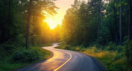 Fototapeta premium Winding Road Through Lush Green Forest at Golden Hour