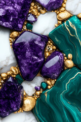 Closeup of Purple and Green Gemstones on Marble with Gold Accents