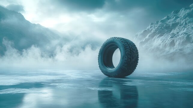 Modern all-weather tire on glass surrounded by mist creates a premium aesthetic