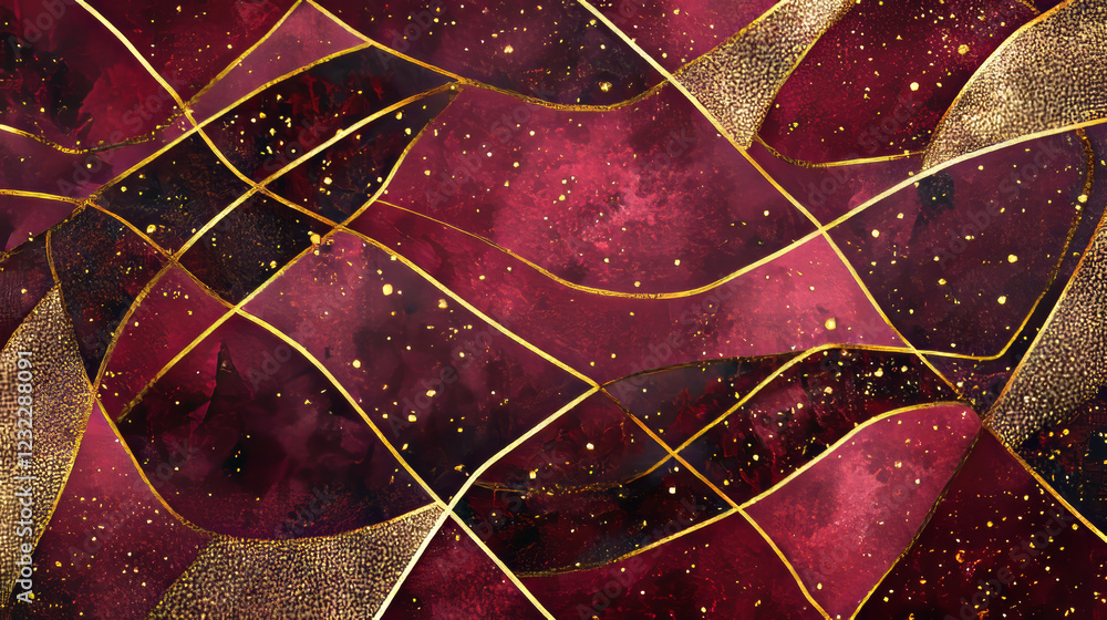 Poster luxury red layered background with golden geometric lines - premium abstract design with maroon over