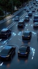 Obraz premium Digital system visualizes traffic flow in a busy city with cars navigating illuminated road signals under a clear daytime sky