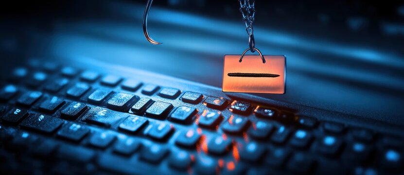 Phishing Scam Digital Artwork with Keyboard and Fishing Hook in Cyber Crime Theme