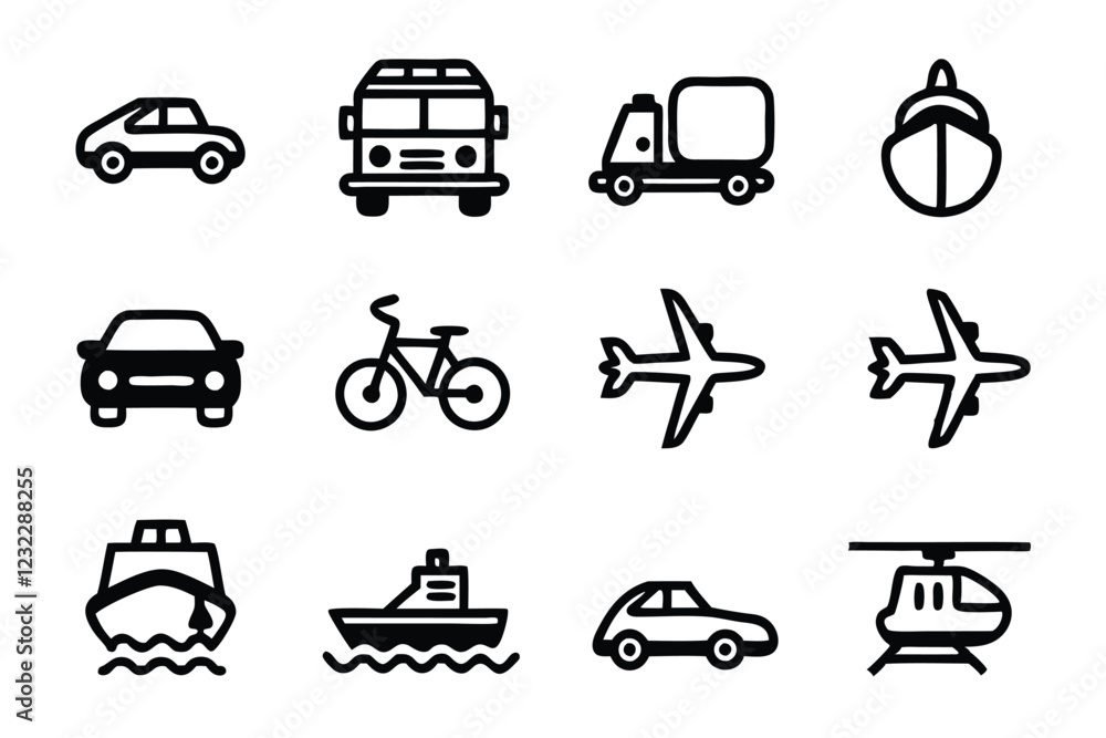 Poster create a set of editable line icons depicting various modes of transportation and vehicles, includin