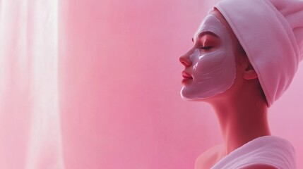 Professional Beauty Salon Portrait of a Young Woman Wearing a Facial Mask – Soft Pink Background