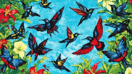 Vibrant Hummingbirds Amidst Floral Background in Bright Colors
