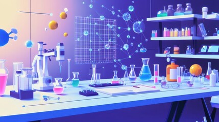 Colorful Laboratory Workspace with Equipment and Chemical Reactions