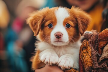 A friend persuading another to adopt a rescue pet, holding a cute puppy with pleading eyes