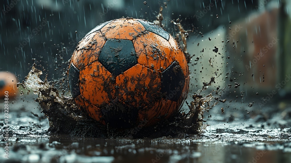 Poster dynamic closeup of a football sinking into mud the splash frozen in time with minimal light adding s