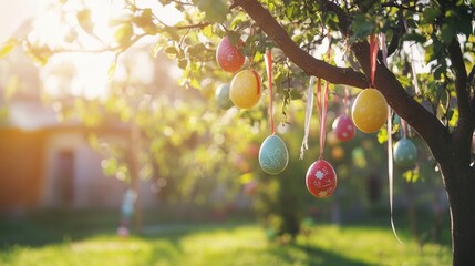 A tree decorated with bright Easter eggs stands under a bright sunny sky. The light and spring vibes create an atmosphere of celebration and renewal