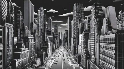 Black and White Urban Skyline with Tall Buildings and Busy Streets