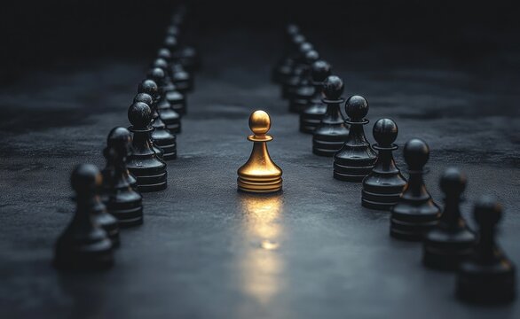 Golden Pawn Leading Black Pawns in Minimalist Business Illustration