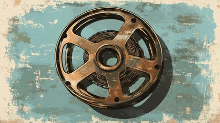 Vintage Film Reel With Twisted Film Strip On Rustic Background