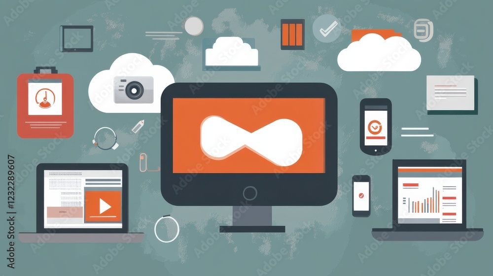 Poster digital technology concept with devices and cloud computing elements