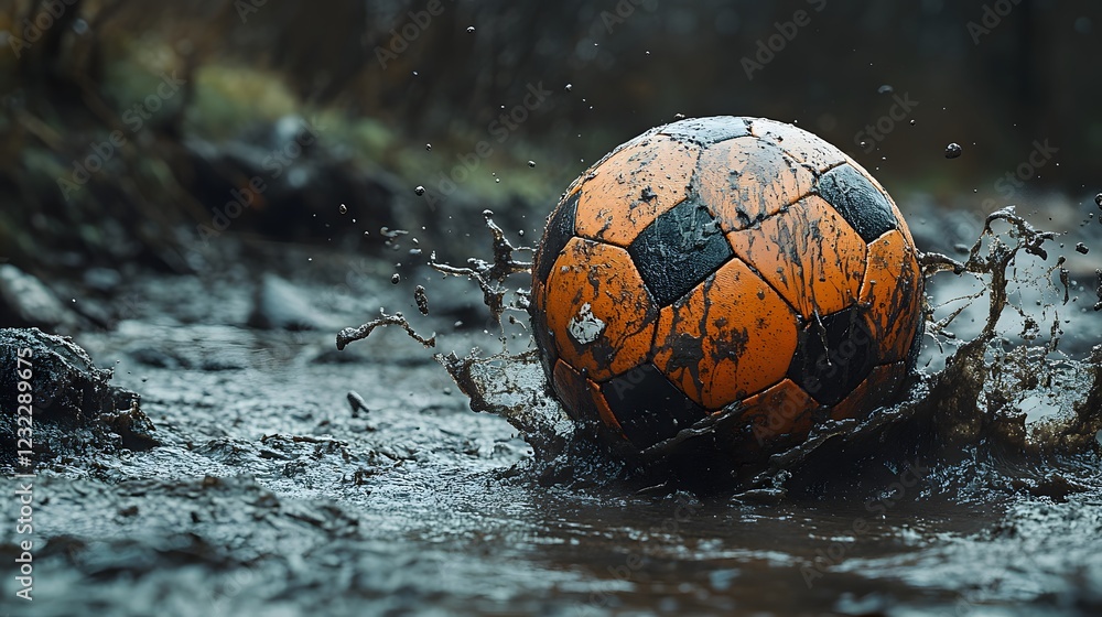Poster dynamic closeup of a football sinking into mud the splash frozen in time with minimal light adding s