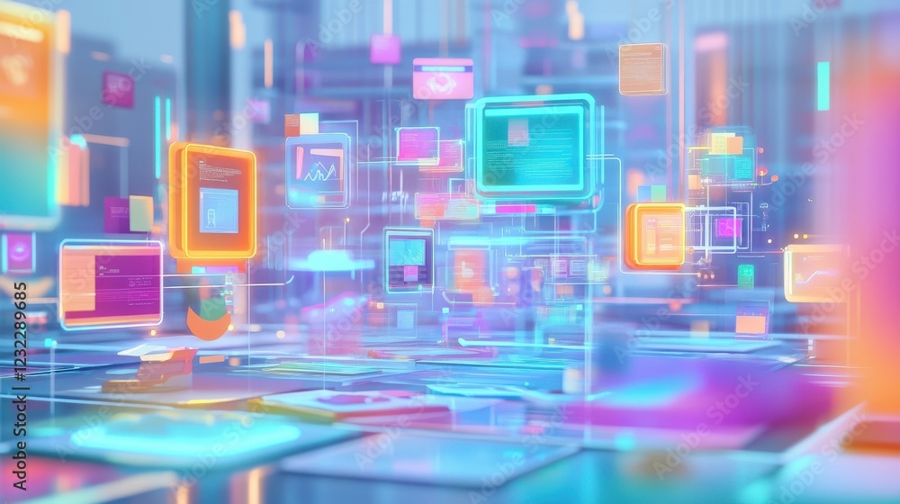 Poster vibrant digital interface with floating data elements and screens