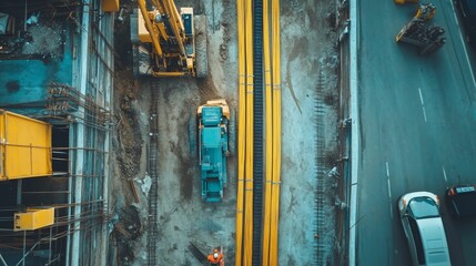 Construction site with vehicles and stacked building materials.