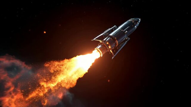 A silver rocket ascends through a dark, smoky space, a fiery orange exhaust trail blazing against a backdrop of dark clouds and sparks. Dramatic