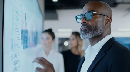 Collaborative team examining digital data visualization, mature corporate experts working together on technology driven analytics in contemporary workspace