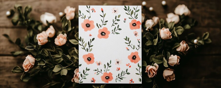 Beautiful floral card surrounded by delicate roses and greenery on rustic wood.