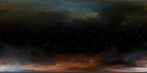 360 degree space nebula. Giant interstellar cloud with stars, equirectangular projection, environment map. Spherical panorama