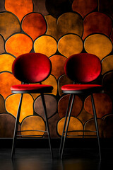 Obraz premium Two Red Velvet Bar Stools Against a Warm Brown Textured Wall