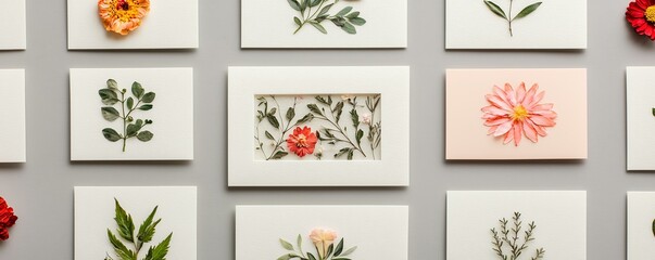 Beautifully arranged floral artwork in frames on a textured background.