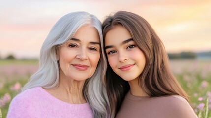 Obraz premium smiling elderly mother and her daughter standing amidst a field of wildflowers